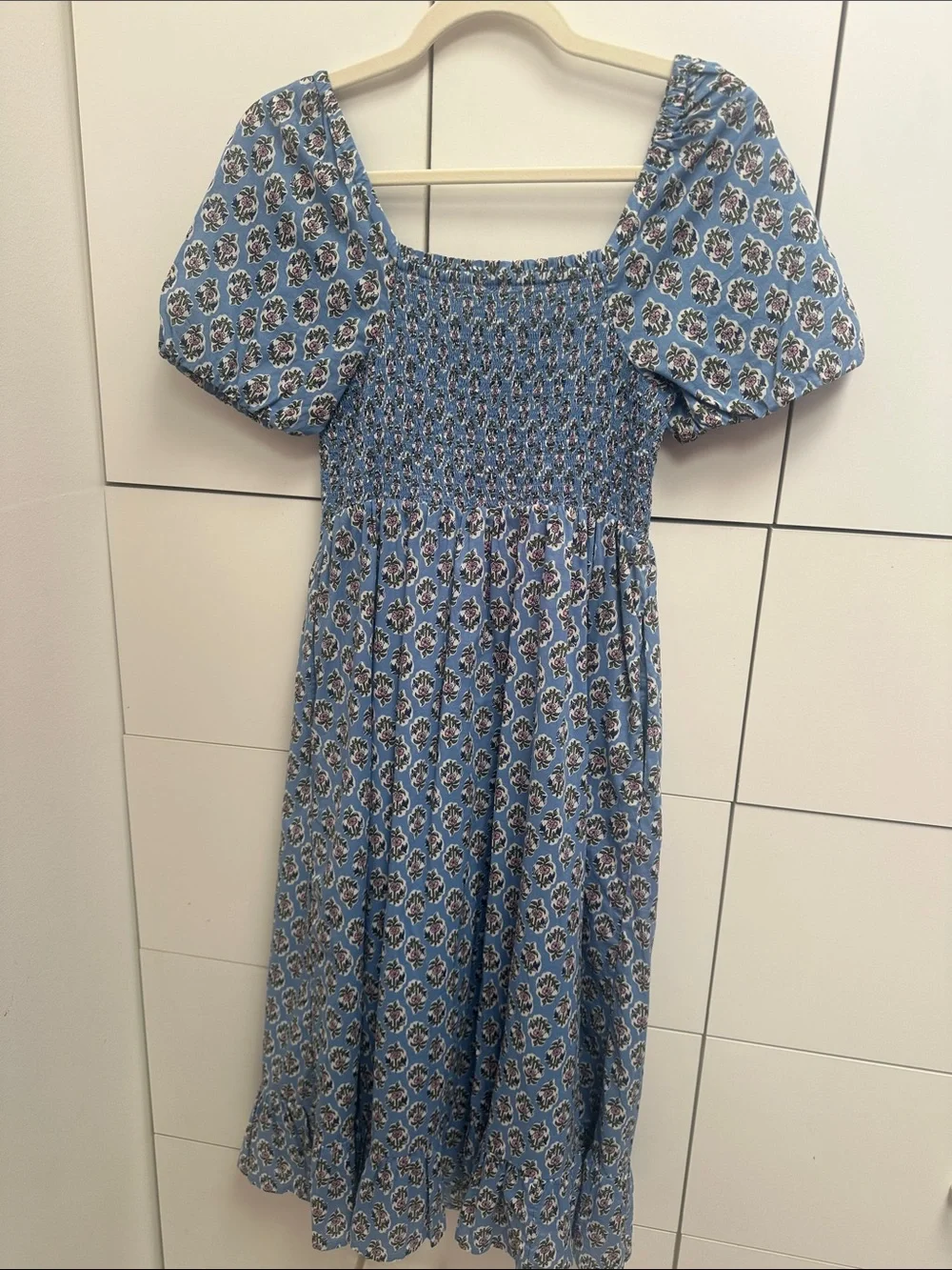 J. Crew Smocked Puff-Sleeve Midi Dress in Light Blue Floral